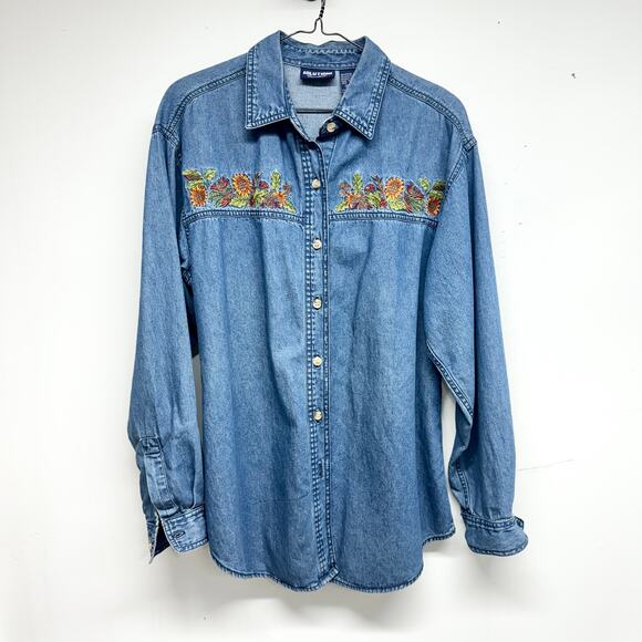 Vintage Tops - Vintage 90s Solutions Denim Floral Embroidered Long Sleeve Button Up Top Size M